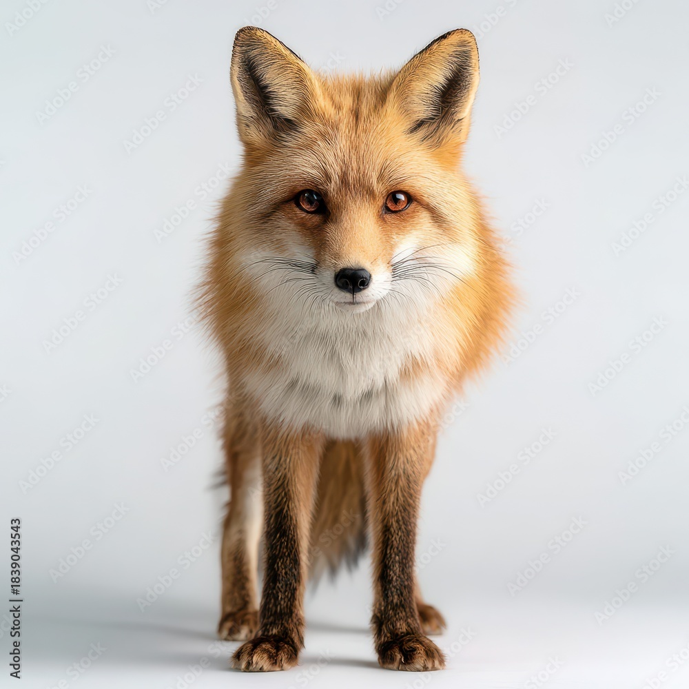 Fototapeta premium Calm red fox portrait in a bright white studio setting
