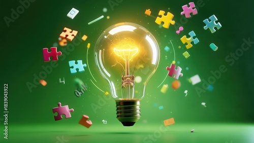 A glowing lightbulb center, surrounded by colorful puzzle pieces and abstract shapes on a green background