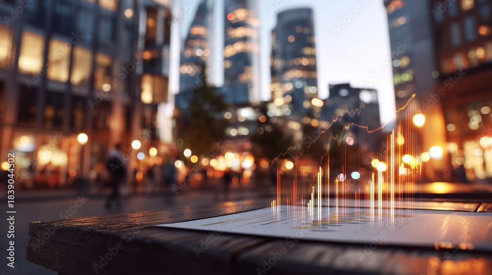 Fototapeta premium City street with business report and charts in evening light near tall buildings