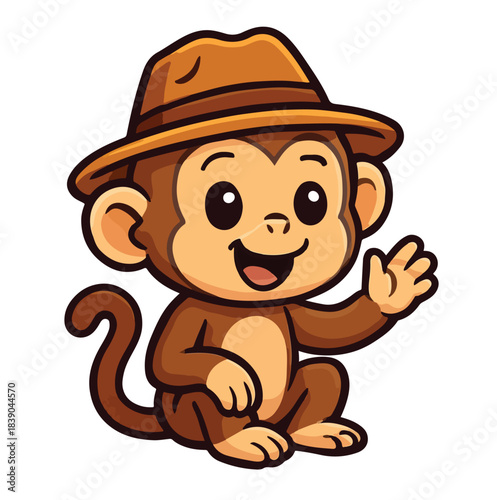 Waving Monkey Cartoon – Smiling Brown Primate in Fedora Hat with Friendly Expression and Playful Pose