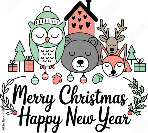 Cute Christmas animals and festive with text year merry
