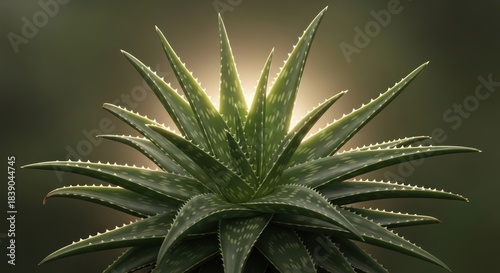 A close-up of a spiky green succulent, illuminated by sunlight from behind, with a dark background