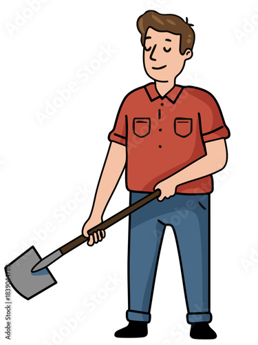 Man holding a shovel, standing with peaceful expression. Character illustration for gardening and digging concept.