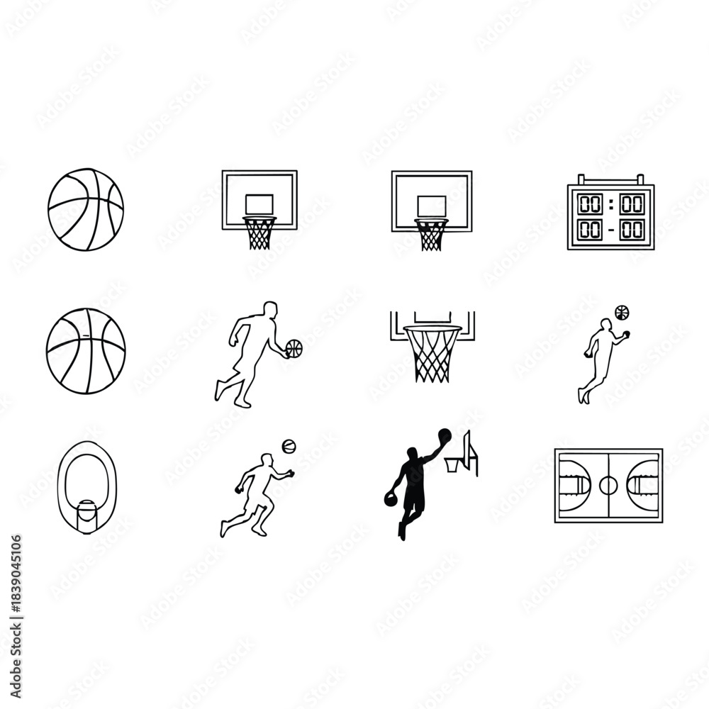 Obraz premium Basketball Court Elements Line Icon Collection