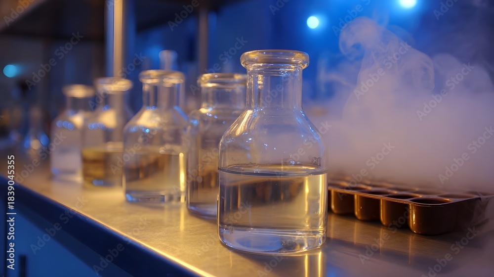 Naklejka premium Scientific laboratory setup with clear liquid in glass beakers surrounded by mysterious blue light and rolling fog