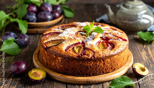 Plum cake dusted with sugar, adorned with mint, sits on a wooden board against a rustic wooden background