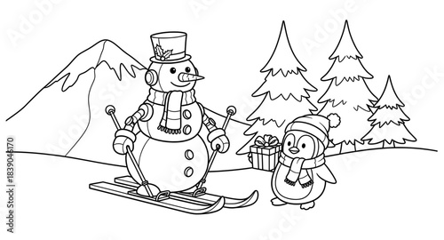 Snowman skiing with penguin in winter landscape, surrounded by pine trees and mountains, featuring gift box, perfect for holiday-themed coloring pages