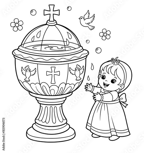 Happy child in a dress playing near a baptismal font with water, surrounded by flowers and birds, creating a joyful and serene atmosphere for coloring pages