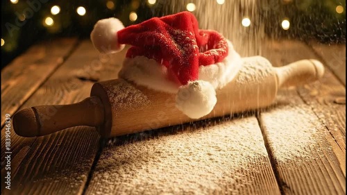Flour Falling on a Rolling Pin and Mini Santa Hat on a Rustic Wooden Table