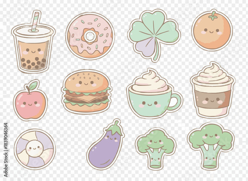 Set of sweet drink, donat, burger, fruit, and vegetables 