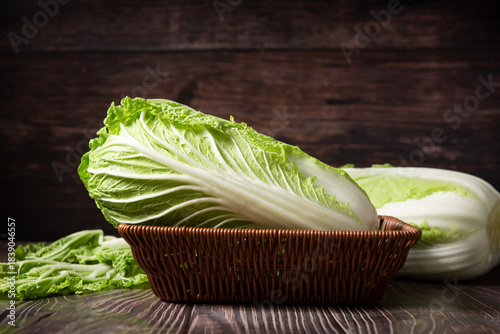 Schilderij op canvas fresh chinese cabbage on wood table.