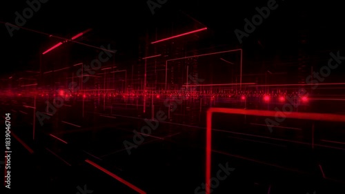 Abstract red digital grid lines forming geometric tunnel on dark background