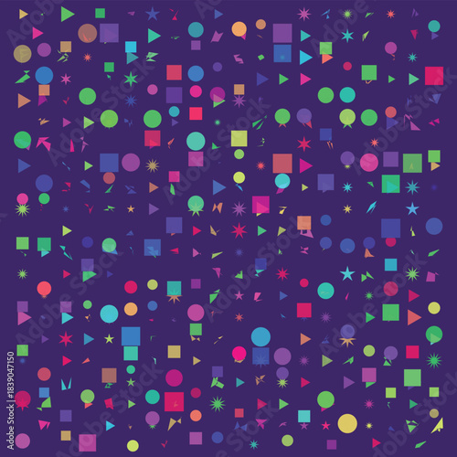 Neon Geometric Shapes Pattern on Midnight Purple Background with Circles, Squares, Triangles and Stars for Birthday, Gaming Graphics, Kids Products, Packaging, Stationery, Digital Media, Modern Decor