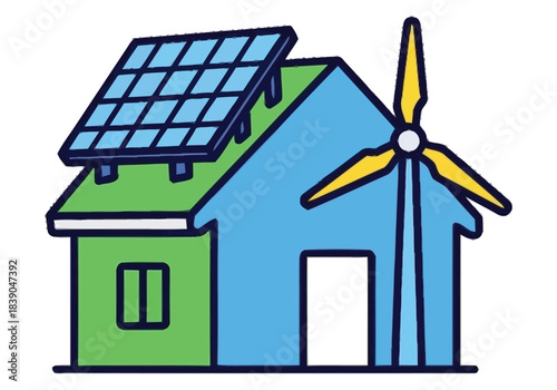 Eco Friendly Home Powered by Renewable Energy Sources Solar Panels and Wind Turbine Concept Niche Industry Vector Icons Evergreen Microstock Graphics Sustainable Energy Line Art