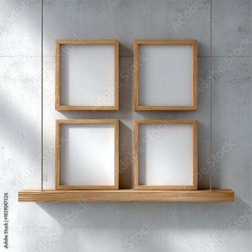 Wooden frame gallery wall with four square blank frames on floating shelf, modern minimalist interior, bright natural light