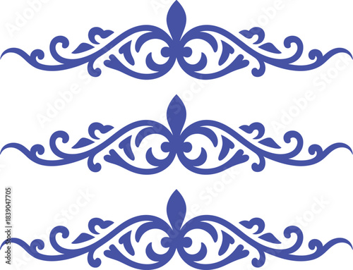 Three horizontal blue ornate decorative borders on white