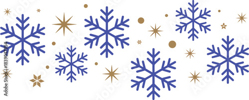 Blue and gold snowflakes and stars on white background
