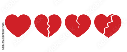 Heart and broken heart icon set. Red love and breakup symbols. Flat solid heart shapes. Various crack styles and emotional designs. Vector illustration.