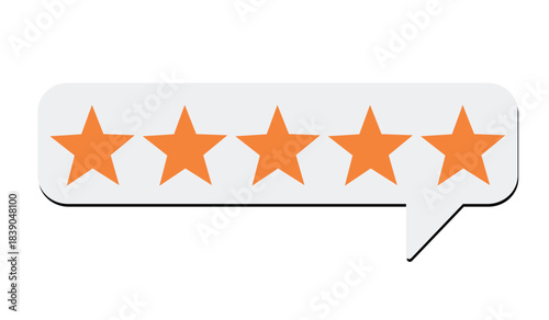 Five star rating bubble. Customer review and feedback icon. Speech balloon with orange stars. Flat modern testimonial graphic. Vector illustration.