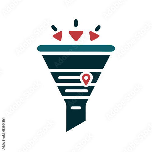 Sales funnel icon with location pin and arrows