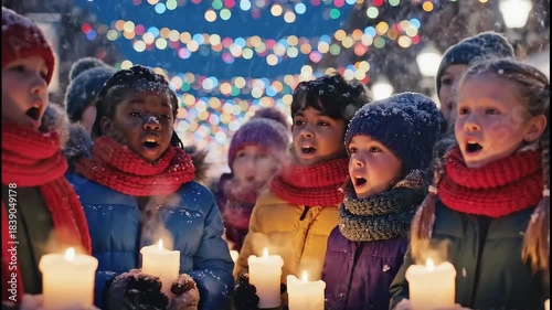 Diverse Group of Excited Children Caroling with Candles in a Snowy Town