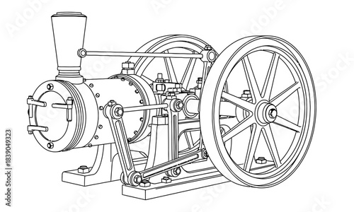 Steam Engine Cylinder Black Line Vector – Vintage Mechanical Outline – Old Train Engine Drawing – steam engine, vintage, outline