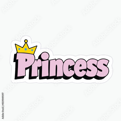 Princess Typography Graphic – Light Pink Cartoon Text with Yellow Crown and Jewels on Black Background