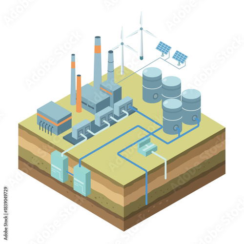 Carbon capture and storage infrastructure connected with wind turbines and solar panels for clean energy transition and climate change mitigation