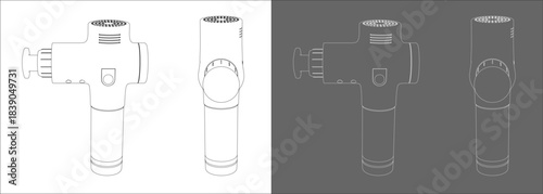 Linear Outline Sketch of Electric Massage Gun Device on Split Background