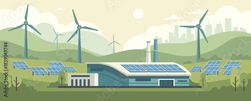 Renewable energy facility using solar panels and wind turbines for clean power generation and sustainable green environment concept