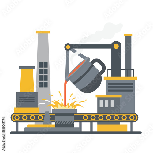 Industrial metal casting process with molten steel pouring in factory production line, manufacturing concept for heavy industry and steel processing