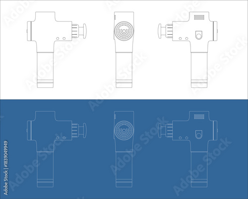 Orthographic Technical Drawing of Percussion Massage Gun Device on Blue and White