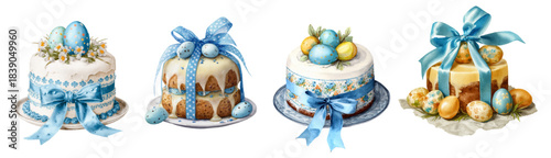 Watercolor Easter cake set. Vintage baked cupcakes with icing and cream, decorated with Easter eggs and ribbons with a bow. Vintage decor for Easter designs. Vector illustration.
