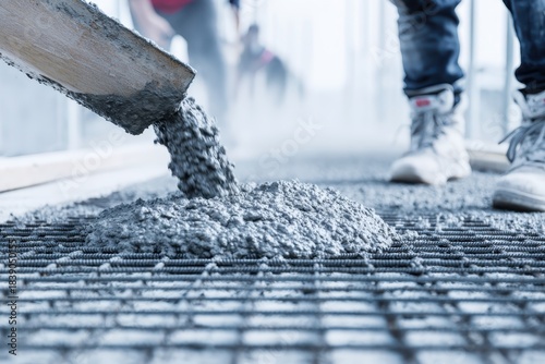 Pouring concrete on steel rebar grid, reinforced mesh at a building site. Cement truck. Worker is spreading a thin layer of wet gray foundation surface. Create solid floor. Liquid concreting process