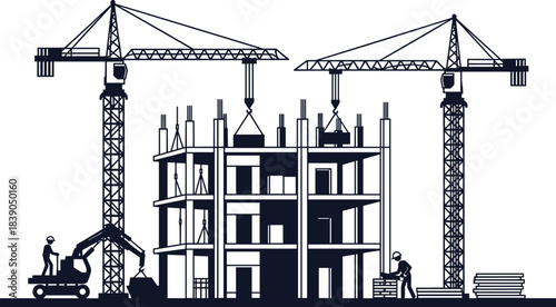 Building construction site vector illustration, two tower cranes, unfinished skyscraper structure, heavy lifting, construction workers, and development project.
