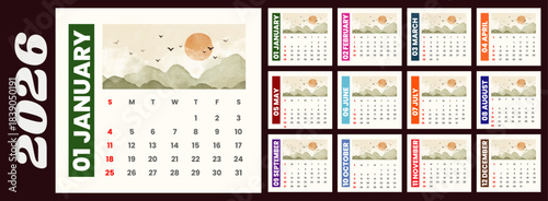 2026 calendar. 2026 Planner calender template with 12 month. Symple Layout Illustration. 2026 calendar. Planner template. Week starts Sunday. Yearly calender organizer layout. Scheduler grid for desk.