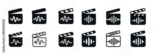 Film clapperboard audio wave icons in black and white