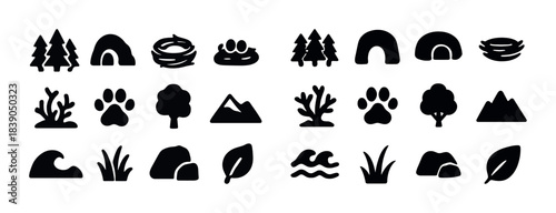 Nature and wildlife icons set: trees, caves, nests, mountains, waves, leaves