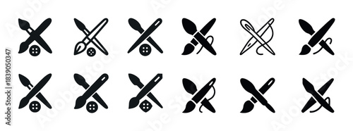 Set of creative tool icons: paintbrush, pencil, needle, and button