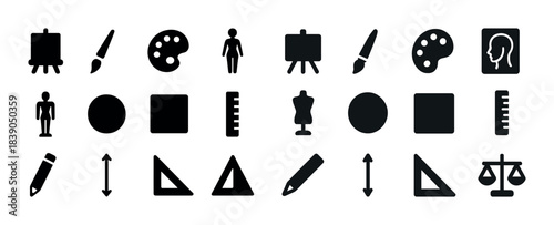 Art and design icons: easel, paintbrush, palette, ruler, mannequin