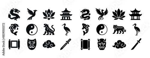 Asian symbol collection: dragons, yin yang, lotus, masks, swords, animals, architecture