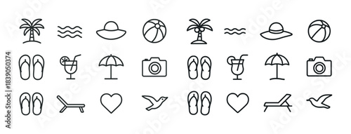 Summer vacation icons: beach, palm trees, flip flops, camera, heart, bird, wave, hat, ball