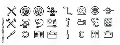 Car maintenance tools and equipment icons - set of illustrated mechanic symbols