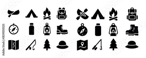 Camping adventure icons: campfire, tent, backpack, map, compass