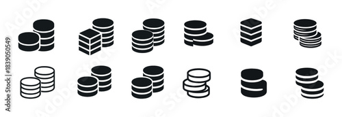 Collection of different stacked coin icons in black silhouette style