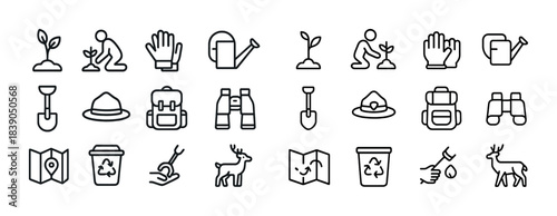 Set of black line icons: gardening, hiking, recycling, wildlife, adventure