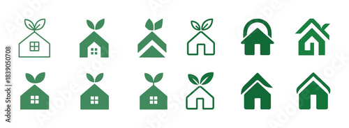 Set of green eco house icons with leaf roof designs