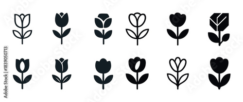 Set of floral icons featuring various tulip and rose silhouettes