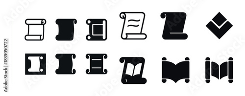Collection of black scroll and book icons