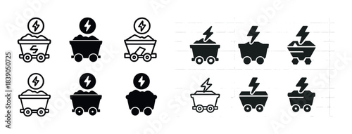 Electric mining cart icons with lightning bolt and coal elements